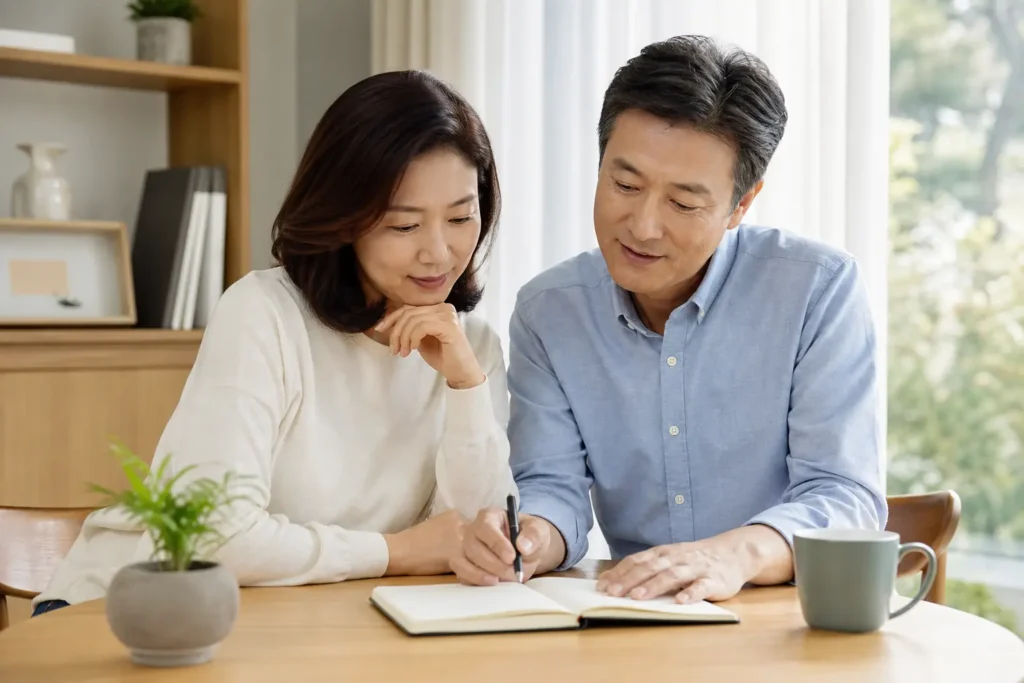 창가에서 장기 노후 계획을 함께 점검하는 부부
