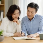 창가에서 장기 노후 계획을 함께 점검하는 부부